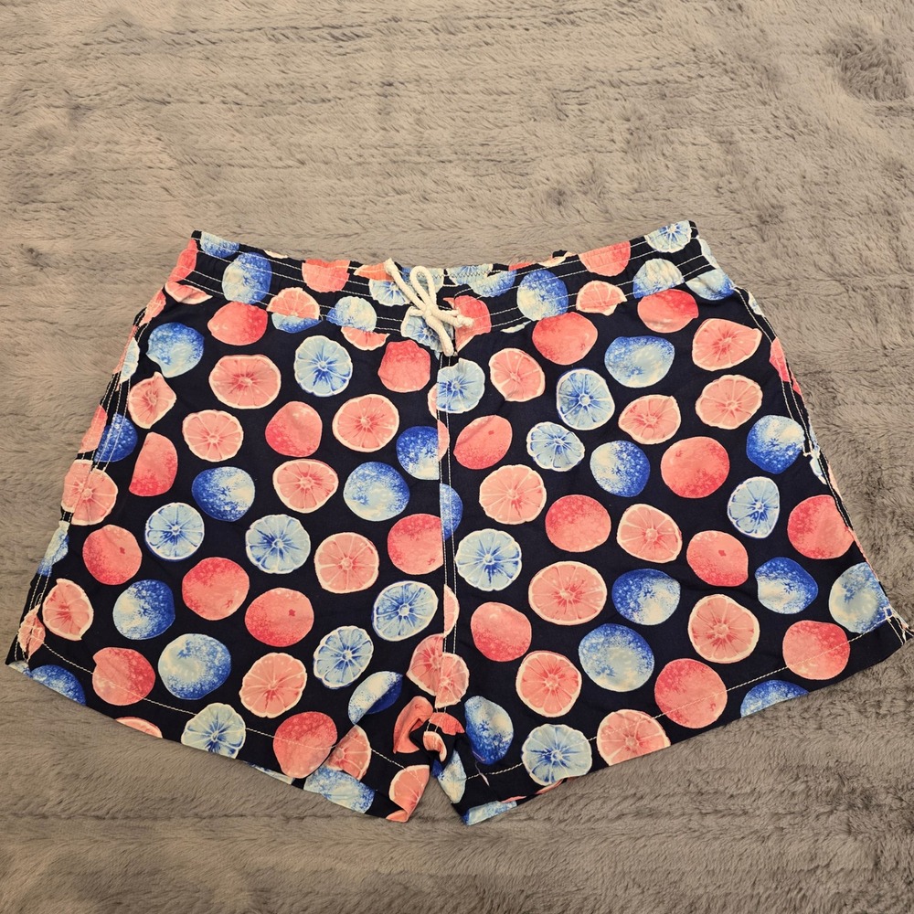 Vilebrequin Moorea Swim Trunks Mens XL Navy Blue Pink Citrus Fruit Print Shorts